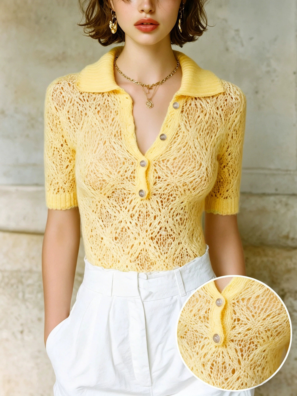 ZARA Summer Openwork Short Sleeve Knit Polo Shirt for Women